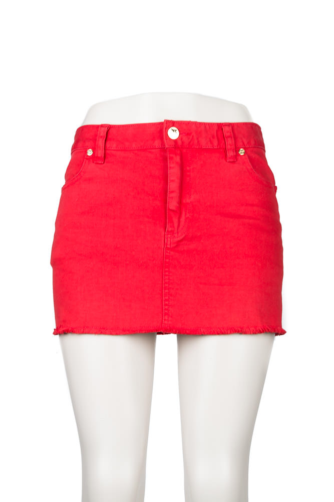 red mini skirt denim
